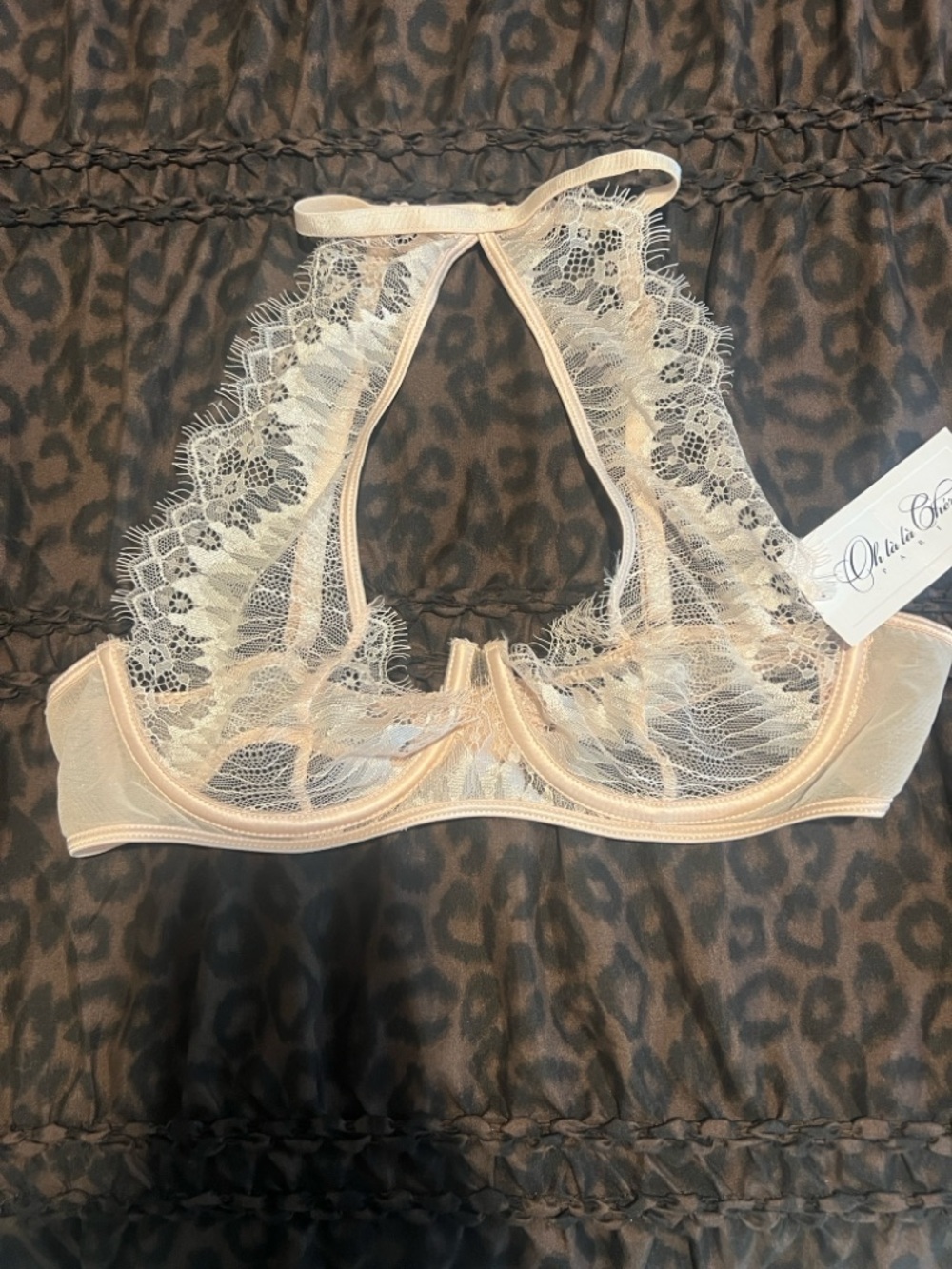 Sheer Lace Halter Bra in Light Beige